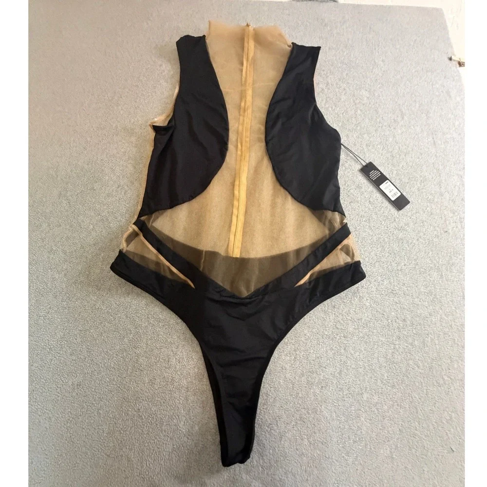 Fashion Nova Womens Black Nude Mesh Cutout Sleeveless Bodysuit Thong Back NWT